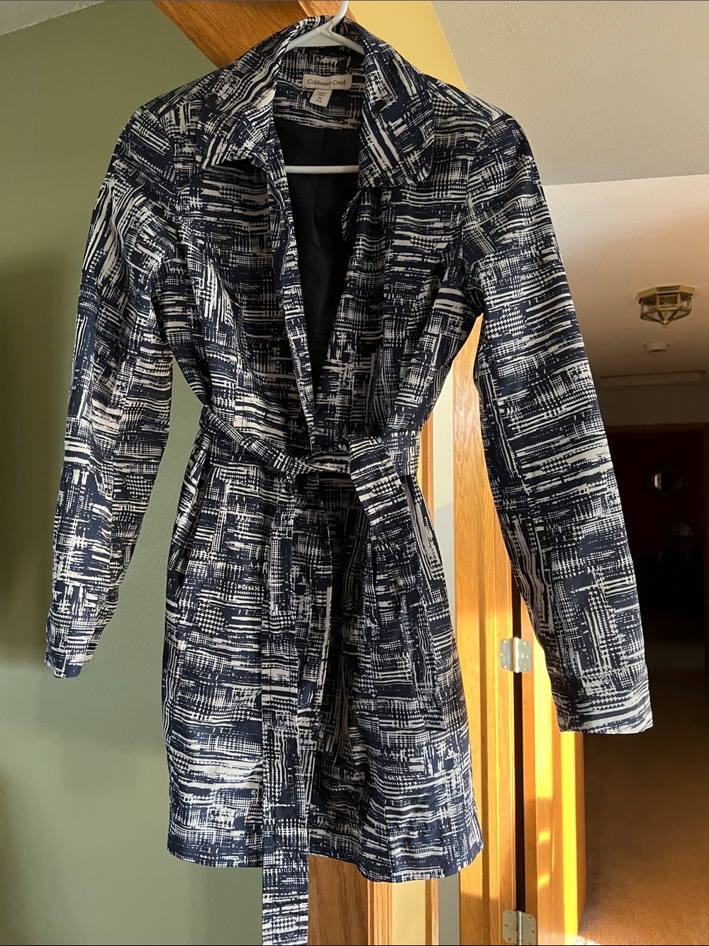 Coldwater Creek Navy & White Printed Belted rain jacket